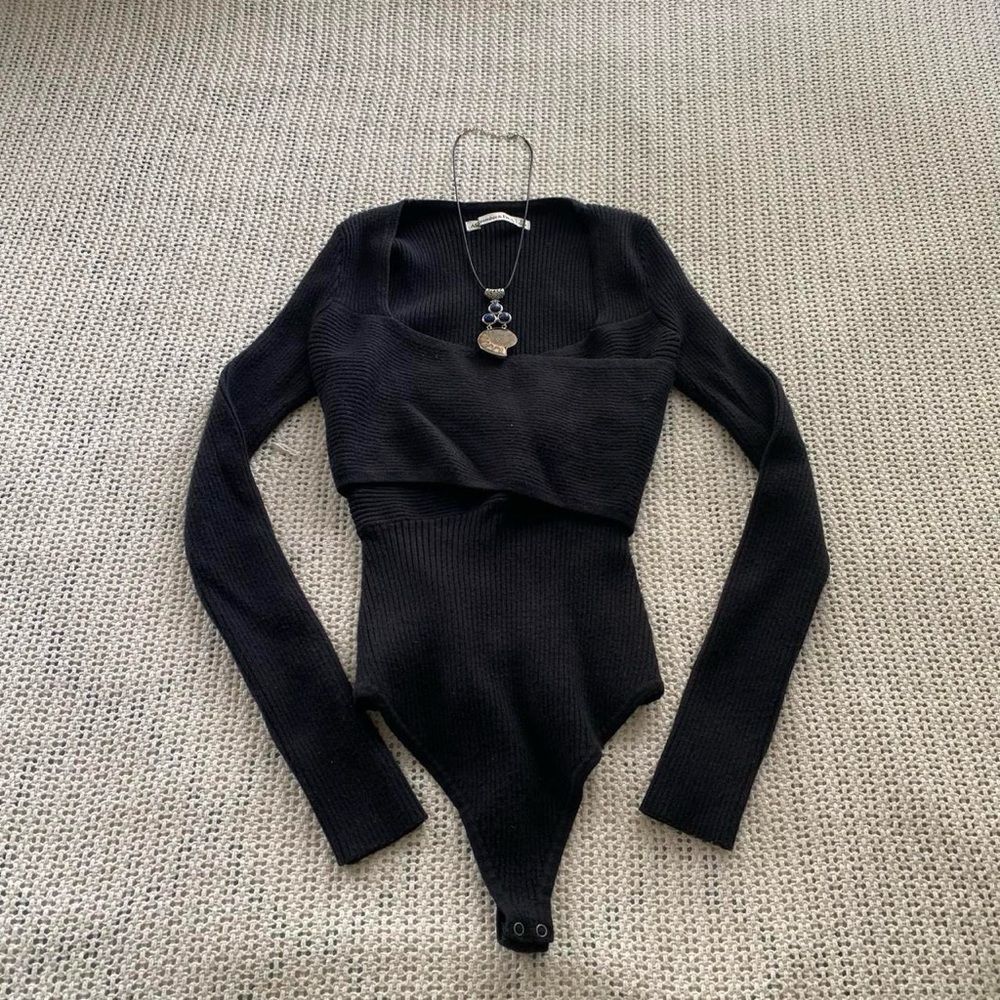 Abercrombie & Fitch Office Siren Whimsy Black Knit Wrap Long Sleeve Bodysuit XS